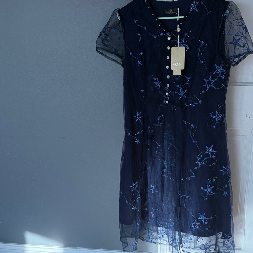 Lily Fashion Midnight Blue Star Embroidered Dress